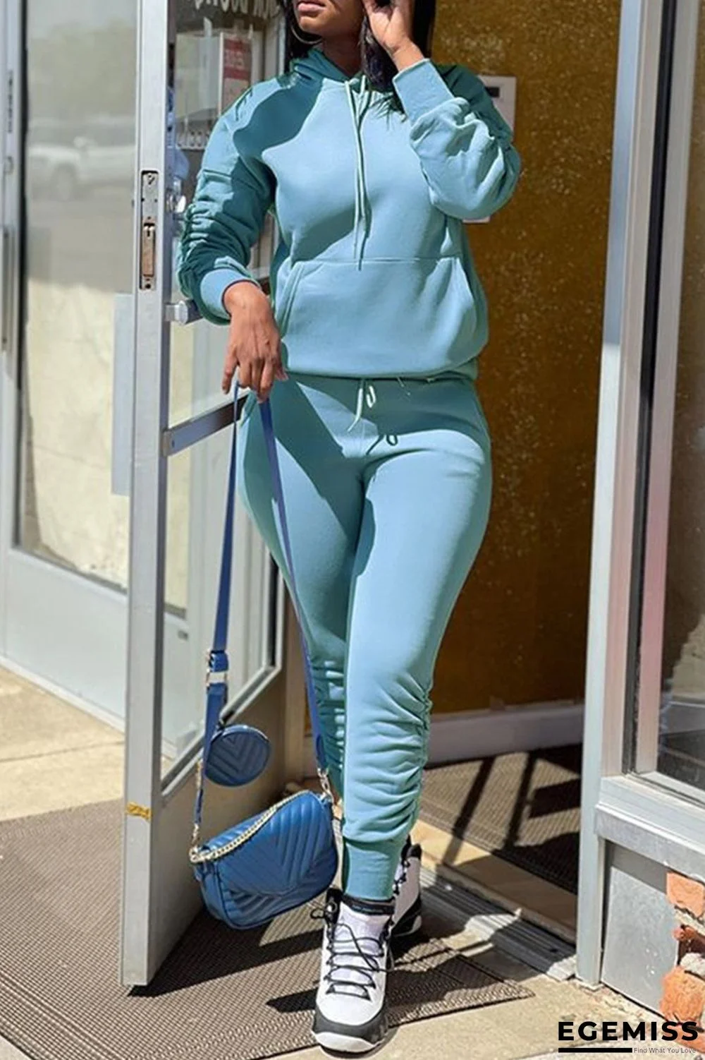 Light Blue Fashion Casual Solid Basic Hooded Collar Long Sleeve Two Pieces | EGEMISS