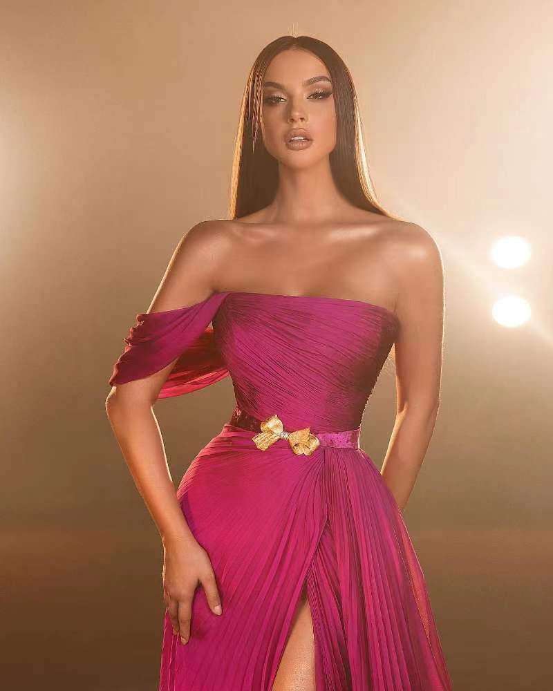 Daisda Pretty Fuchsia One Shoulder Off The Shoulder Prom Dress Slit