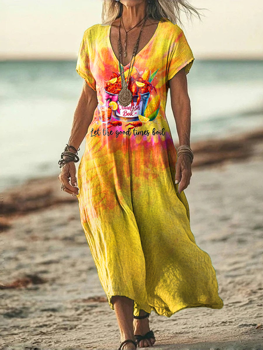Crawfish Watercolor Print V-neck Short Sleeved Long Dress