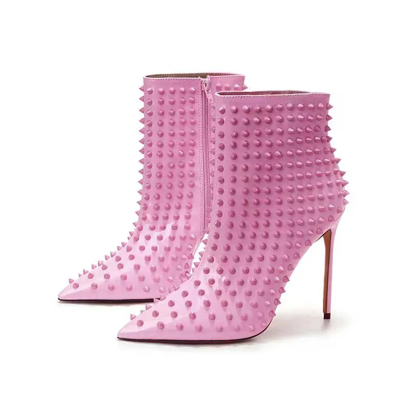 VCSHOES Pink Full Metallic Rivets Studs Ankle Boots Celebrity Zapatos Stiletto High Heels Pointed Toe Woman Spikes Boots Banquet Booties