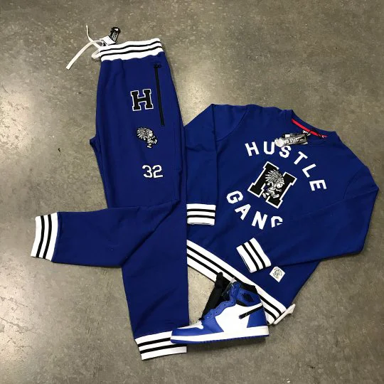 Fashionable dark blue stripe hustle gang printed sweater set