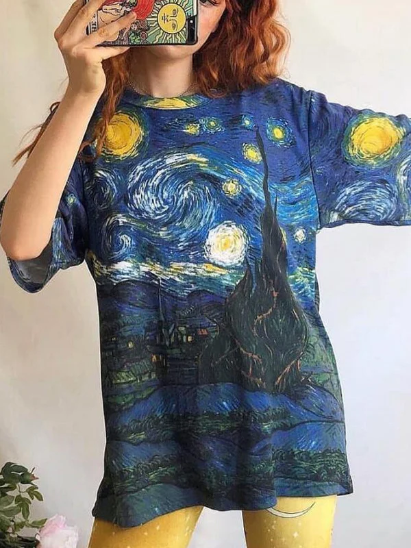 Van Gogh Starry Sky Printed Casual Tee