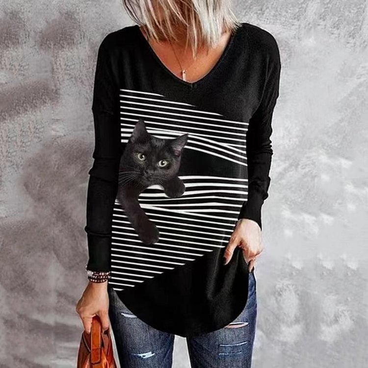 VChics Vintage Cat Stripes Print Long Sleeve T-Shirt
