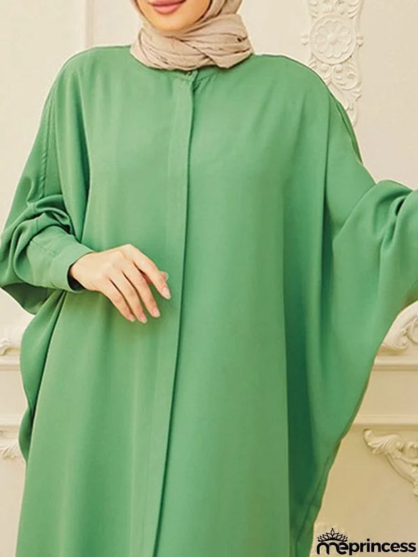Batwing Sleeves Loose Buttoned Muslim Solid Color Split-Side Round-Neck Maxi Dresses