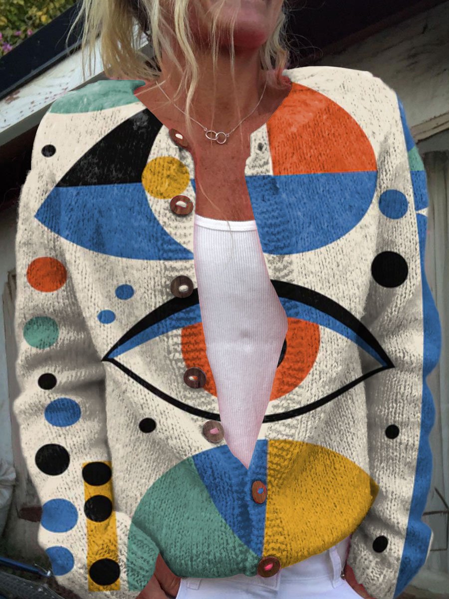 Retro Abstract Art Print Casual Buttoned Cardigan Sweater main image 0