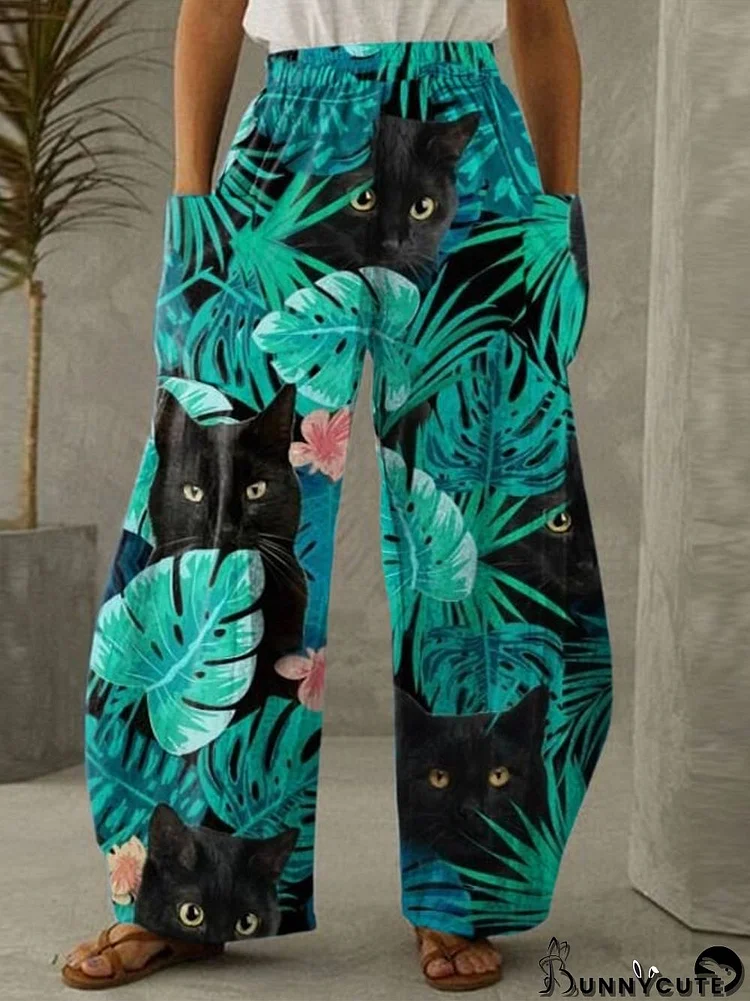 Women's Round Neck Retro Tropical Plants And Black Cat Print Pants
