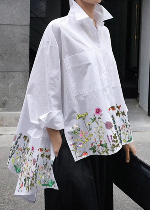 Natural White Floral Peter Pan Collar Low High Design Button Pockets Cotton Shirts Long Sleeve Spring