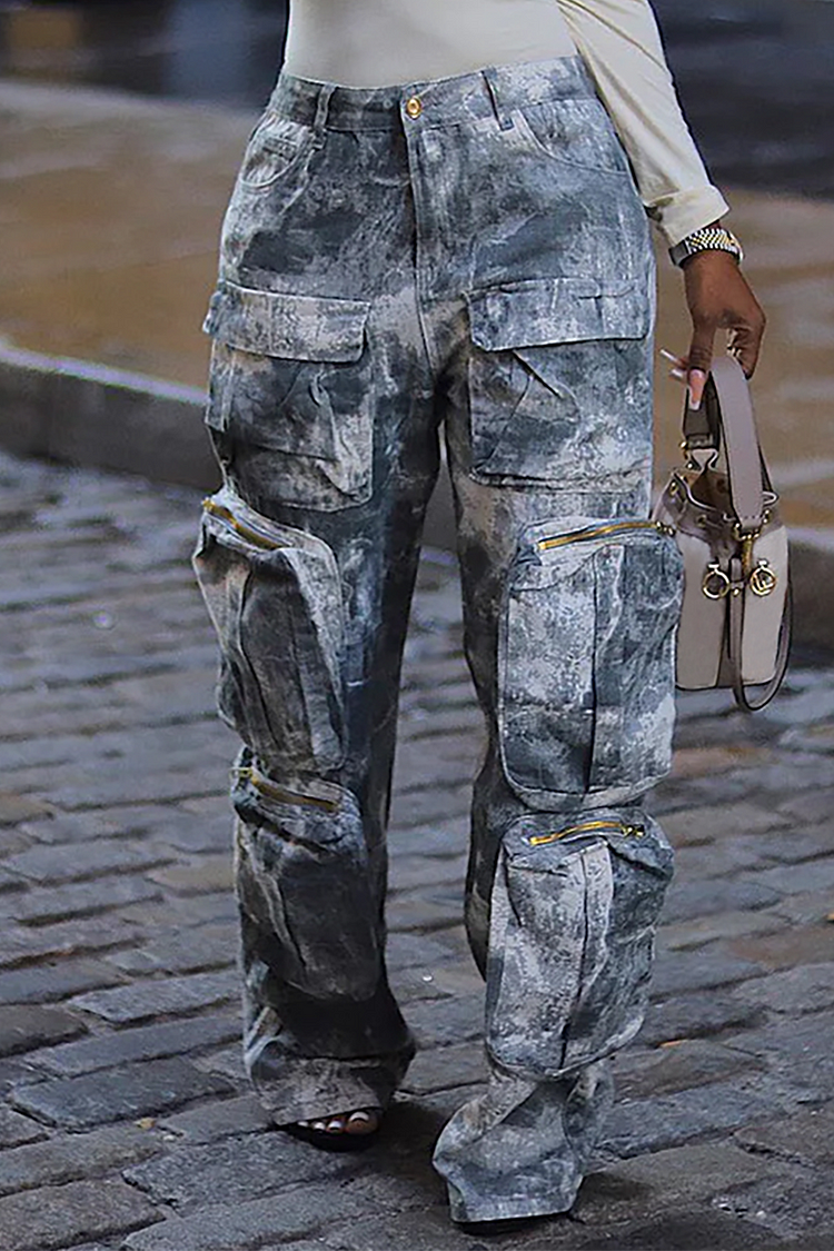 Denim Tie Dye 3D Pockets Straight Leg Cargo Jeans-Grey
