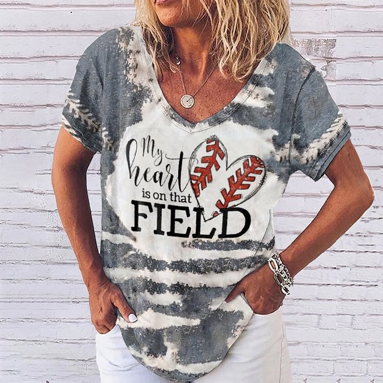 Comstylish Baseball Tie-Dye Print Women's V-Neck T-Shirt