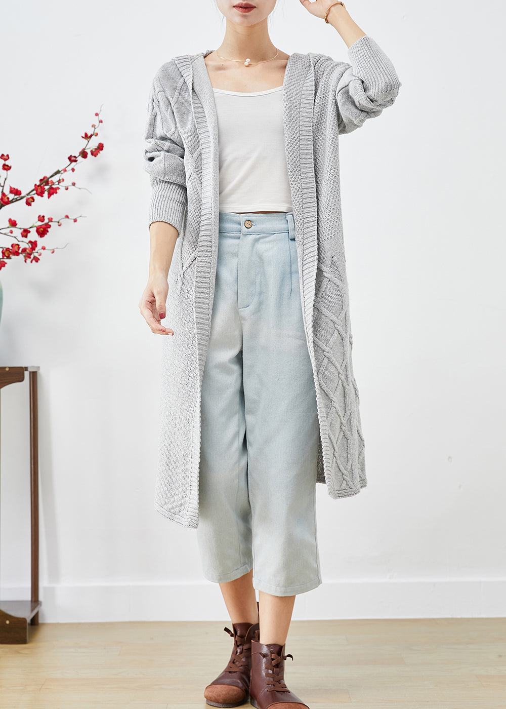 5112045 Grey Hooded Long Cardigan