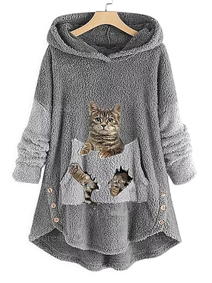 Women's Plus Size Tops Hoodie Sweatshirt Animal Cat Long Sleeve Hooded Casual Teddy Home Daily Polyester Winter Fall Green Pink-Cosfine