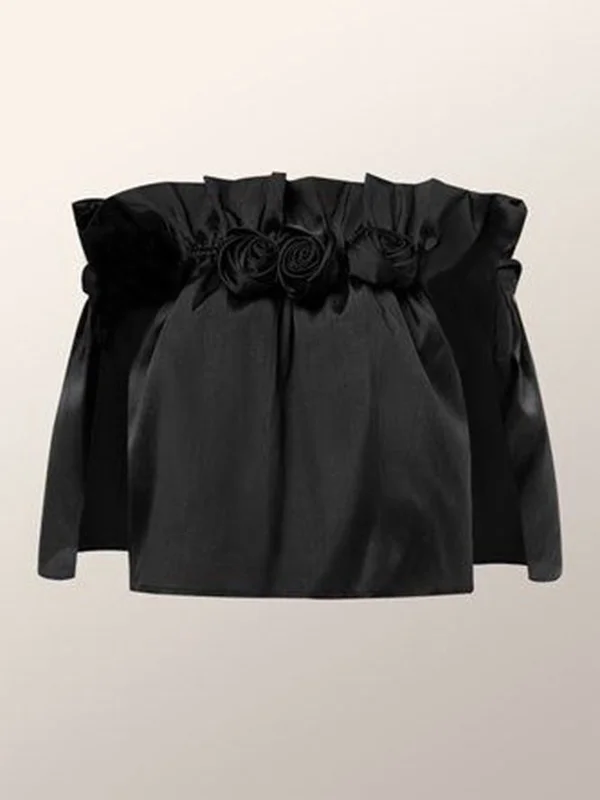 Loose Short Sleeves Elasticity Floral Pleated Solid Color Off-The-Shoulder Blouses&Shirts Tops