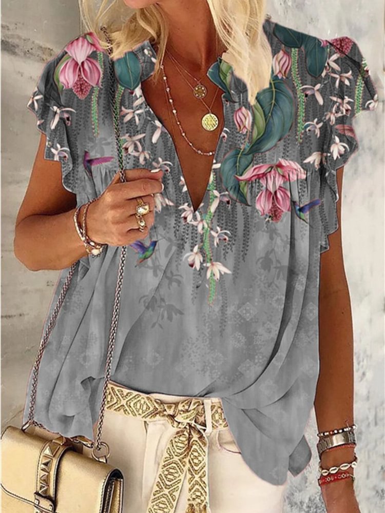 Summer Flower Print V-neck Short Sleeve Top P15699