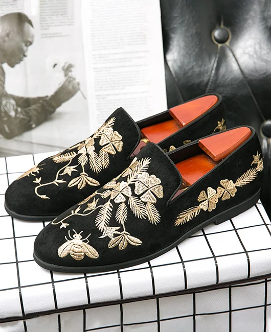 Fashion Gold Embroidered Round Toe Loafers Shoes 