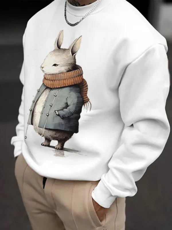 Men's Standing Scarf Coat Rabbit Casual Graphic Print Sweatshirt