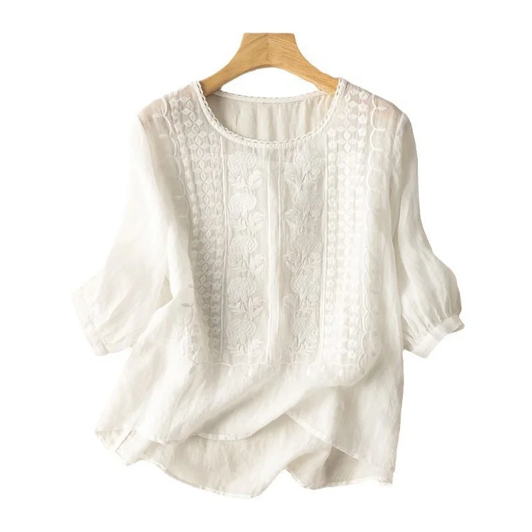 Vintage Floral Embroidered Linen Top socialshop