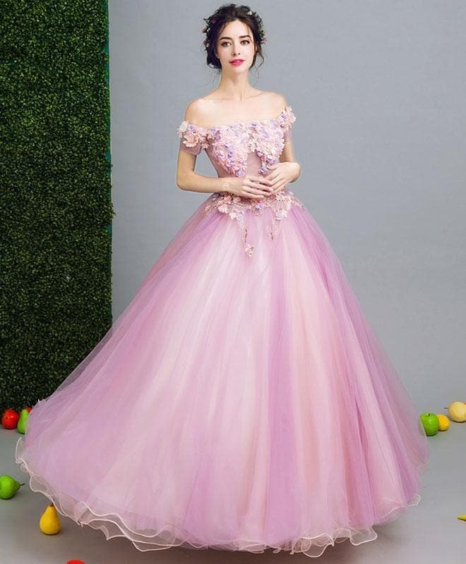 Pink Tulle 3D Flowers Long Prom Dress, Pink Evening Dress