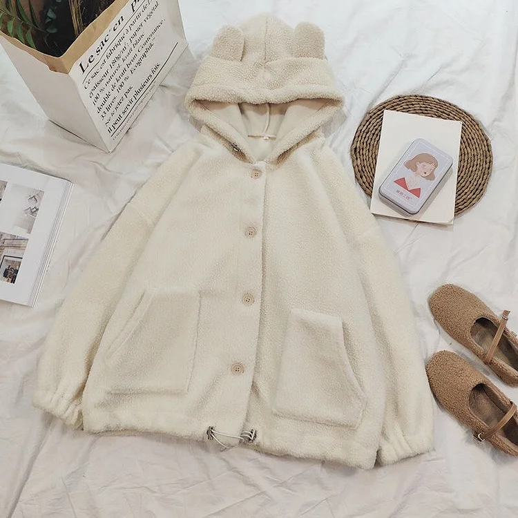White Plush Kawaii Bear Hoodie Sweater with Pocket Coat SP16927