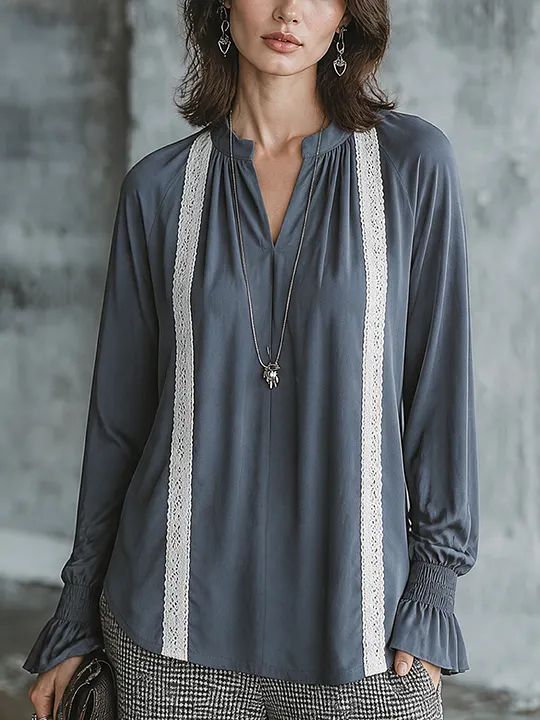 Women's Elegant Slate Blue Matte Satin Lace Trim Long Sleeve Top MD