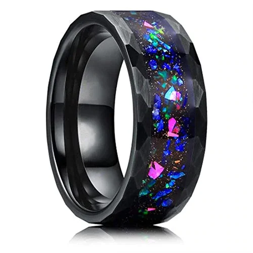 Women's Or Men's Tungsten Carbide Wedding Band Matching Rings,Diamond Faceted Black Bands and Multiple Color Rainbow Opal Inlay with Organic Tones Ring With Mens And Womens For Width 4MM 6MM 8MM 10MM