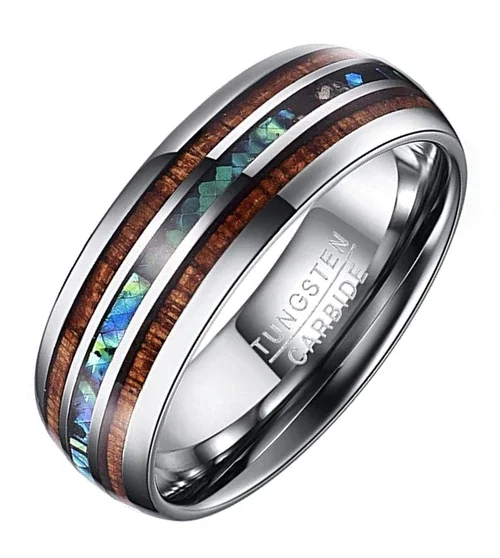 Women's Or Men's Men's Tungsten Carbide Wedding Band Matching Rings,Silver Tone Wood and Rainbow Abalone Shell Inlay Ring With Mens And Womens For Width 4MM 6MM 8MM 10MM