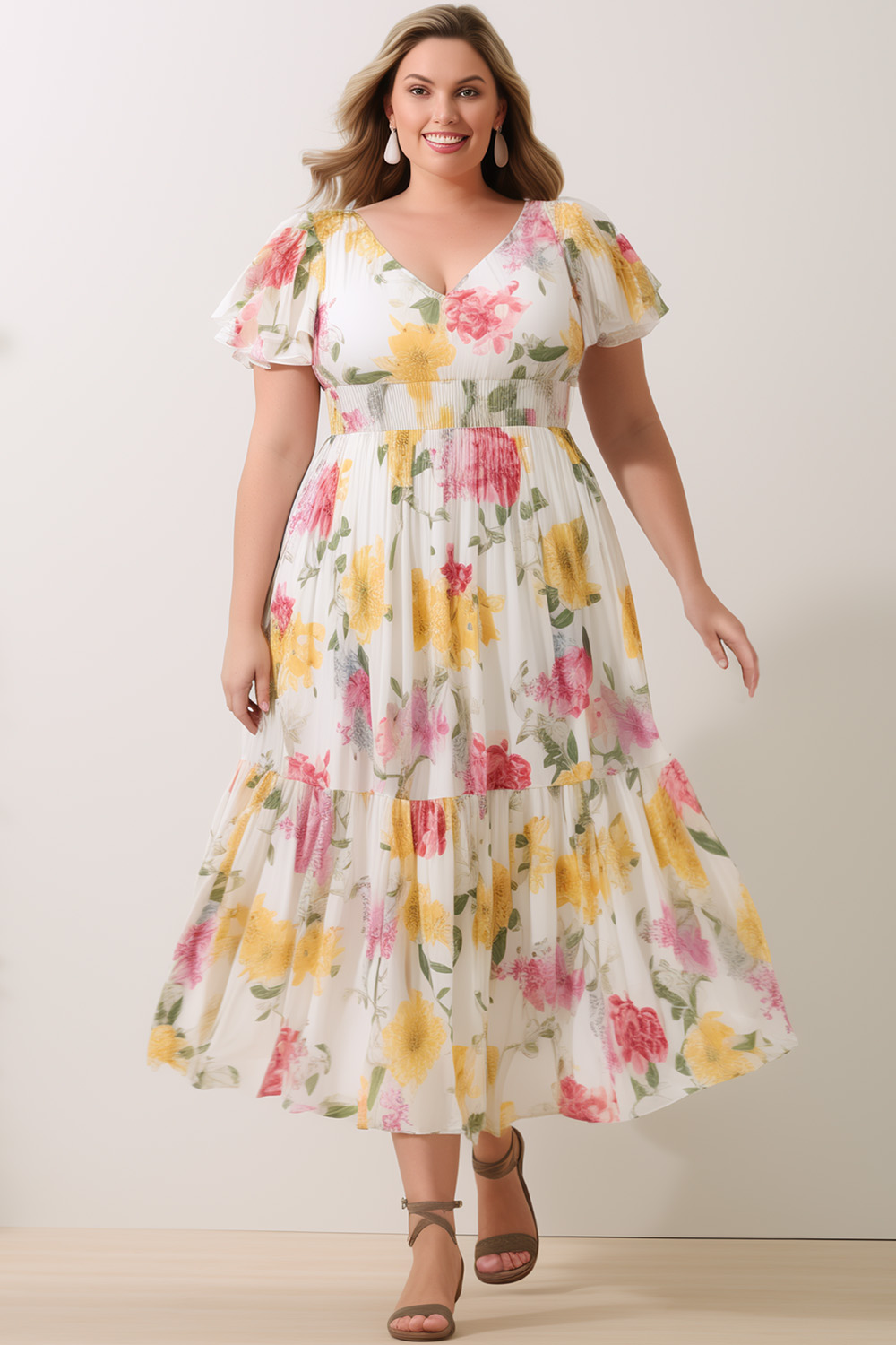 Flycurvy Plus Size Vacation Yellow Chiffon Floral Print Empire Waist Flutter Sleeve Midi Dress
