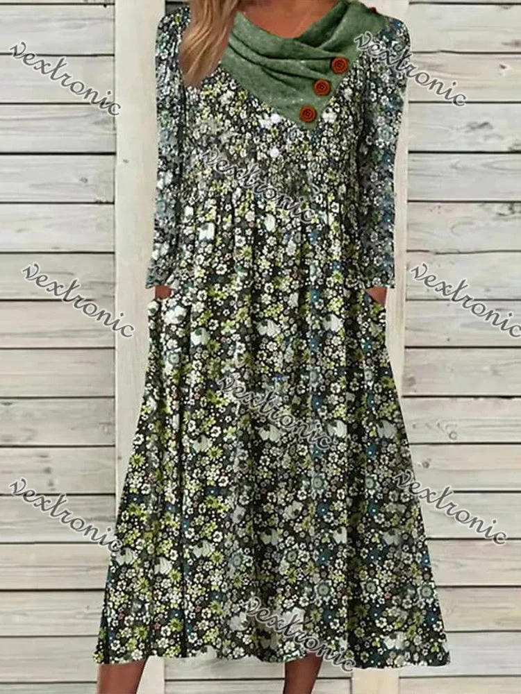 Women's Green Scoop Neck 3/4 Sleeve Floral Printed Midi Dress
