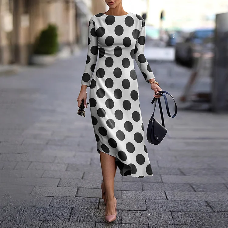 Elegant Polka Dot Print Long Sleeve Midi Dress