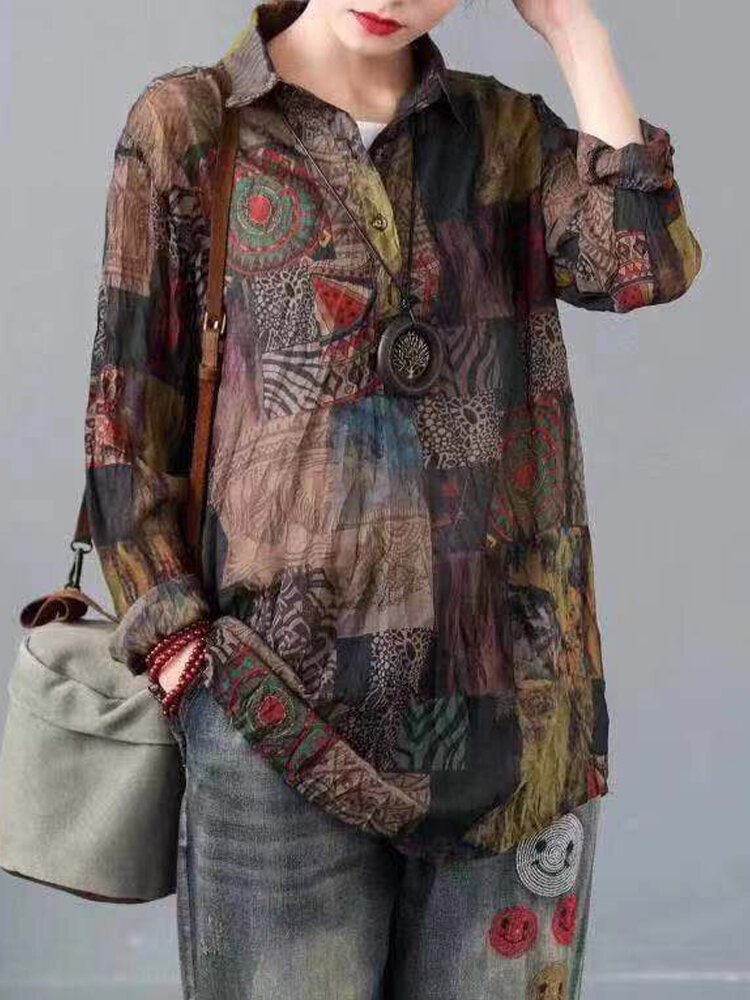 Vintage Print Long Sleeves Wrinkle Casual Lapel Blouse For Women P1746668