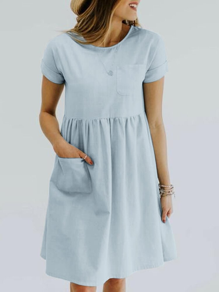 Solid Pocket Ruched Roll Short Sleeve Casual Midi Dress - Shop Trendy Women's Clothing | LoverChic