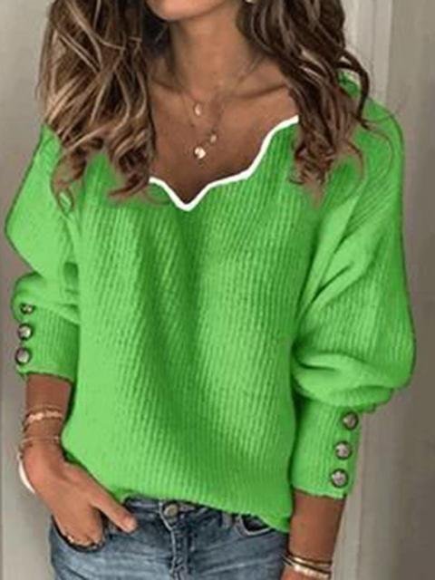 Solid Color Knitted V-neck Loose Sweater - Shop Trendy Women's Clothing | LoverChic