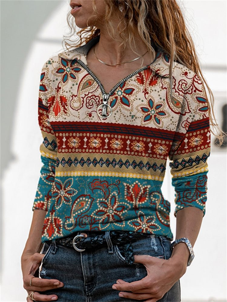 VChics Western Ethnic Floral Print Lapel T Shirt