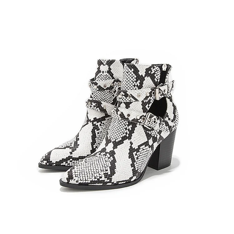 Plus Size Snake Print Buckle Pointed Thick High Heeled Boots