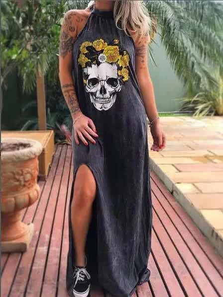 Womens Casual Long Skull Dress