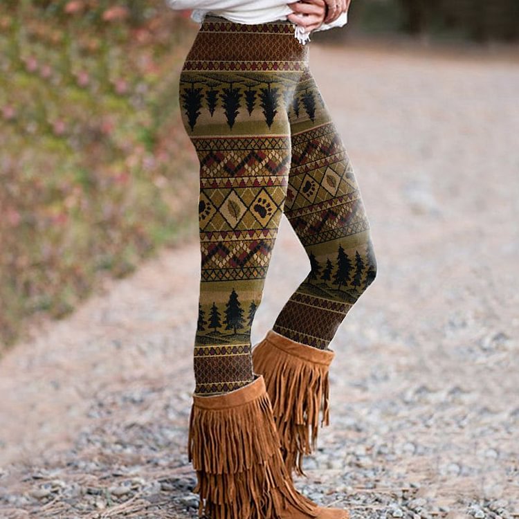 VChics Vintage Forest Totem Print Leggings
