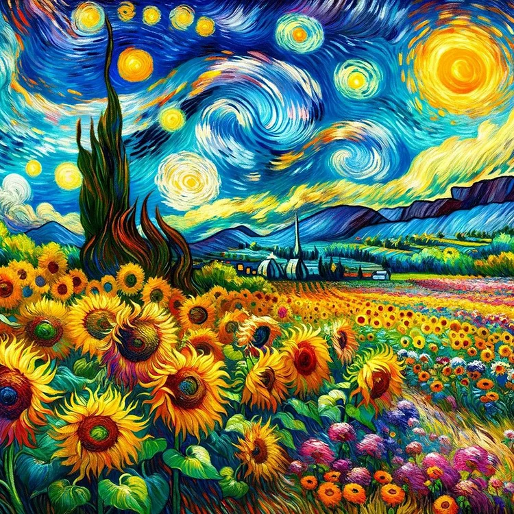 Flower Field And Starry Sky 40*40CM (Canvas) Full Round Drill Diamond Painting gbfke
