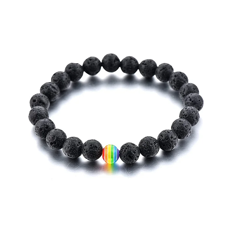 Black Lava Bead Bracelet with Rainbow Bead LGBT Pride Gifts