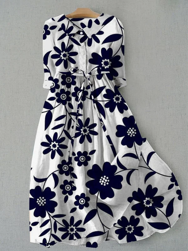 Women's Vintage Botanical Floral Design Print Lace-Up Dress