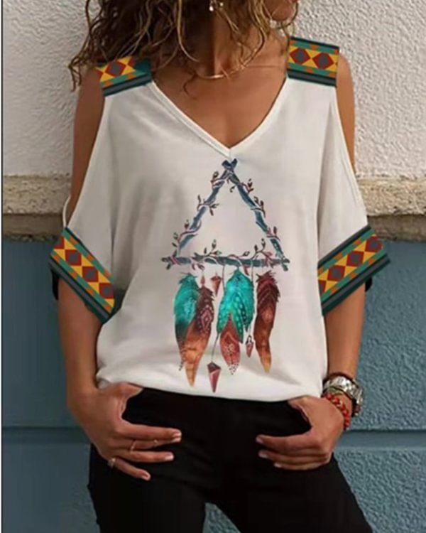 Oversized Off-the-shoulder Mid-sleeve Vintage-print Top - Chicaggo
