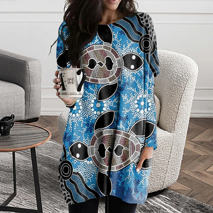 Vefave Casual Turtle Print Long Sleeve Tunic