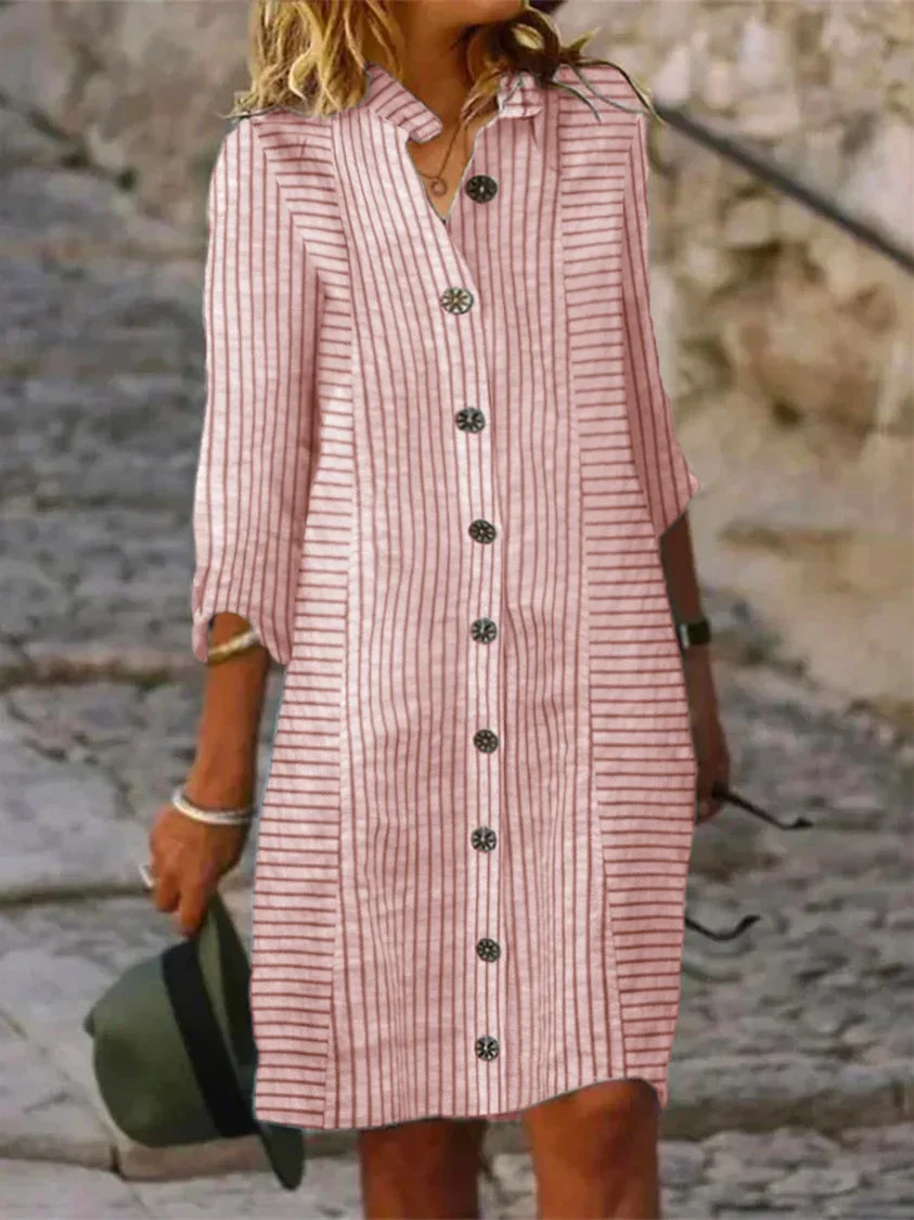 Women's Striped Solid Color V-Neck Long Sleeve Maxi Dress
