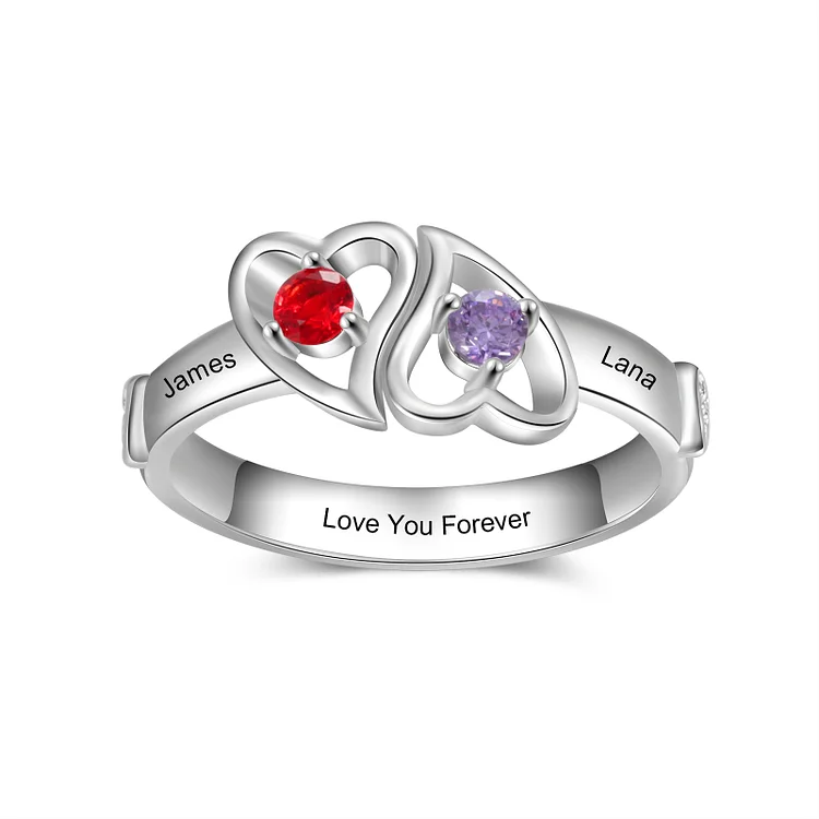 Personalized Double Heart Ring Custom 2 Birthstones Engraved Names Ring for Her