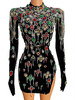 TAAFO Black Dress Crystals Stones Velvet Slit Mini Dress Evening Party Rhinestones Wrap Hips Short Dresses