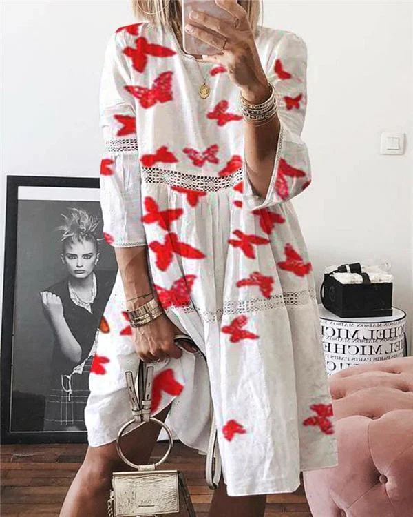 Printed Crew Neck Short Sleeve Casual Shift Dresses