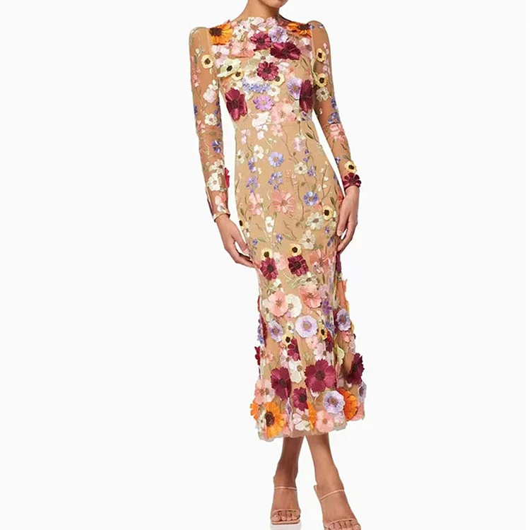 Women's 3D Appique Floral Embroidered Mesh Long Sleeve Maxi Dress