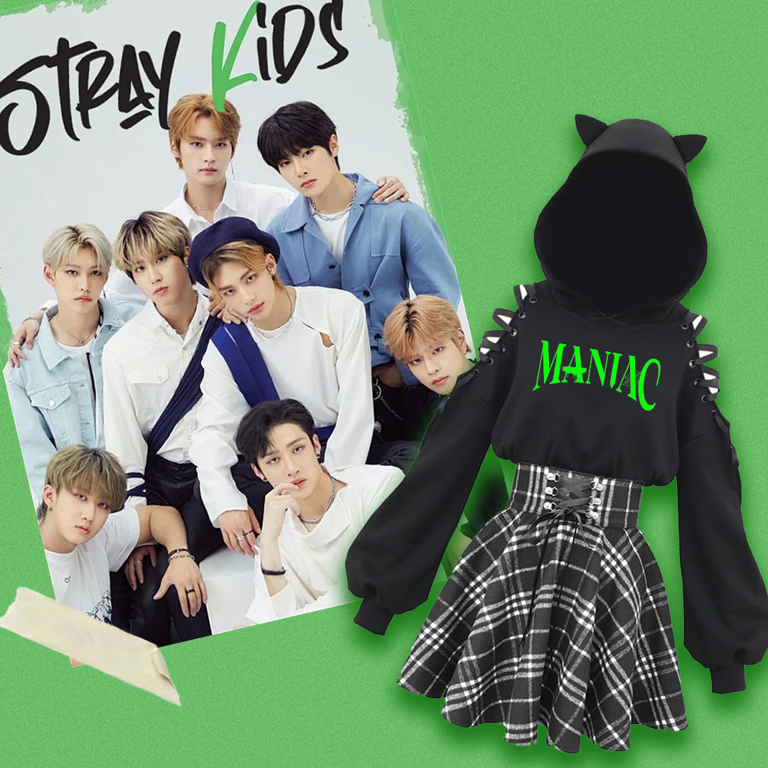 Stray Kids MANIAC Black Cat Ears Hoodie and Skirt