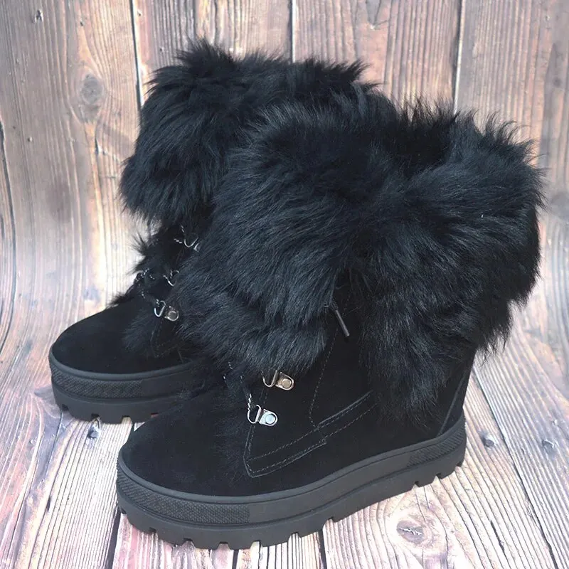 VCSHOES Woman Black Suede Height Increasing 8 CM Wedge Boots Warming Thick Sole Casual Fur Snow Short Ankle Boots