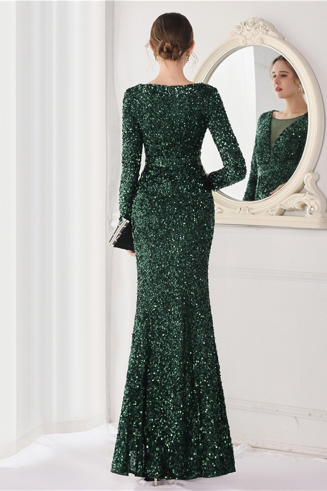 Daisda Dark Green Long Sleeves Front Evening Dress Mermaid Front Split