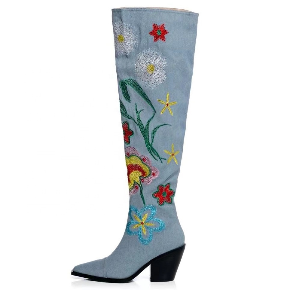 TAAFO Embroidery Blue Jean Cowboy Knee Boots Wedge Heels Denim Boots
