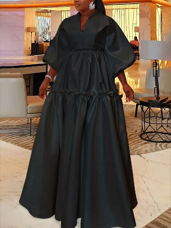 High Waisted Puff Sleeves Falbala Solid Color V-Neck Maxi Dresses